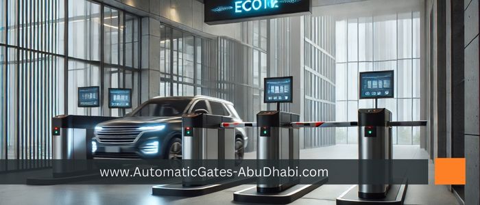 Automatic gate barrier system at a commercial building entrance, allowing a vehicle to pass through while the security booth and control panel are visible, illustrating modern access control technology.