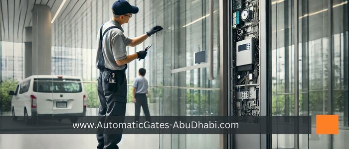 Technician repairing an automatic sliding door in a modern commercial building, adjusting the door mechanism and control panel with tools. The partially open glass door reveals a sleek interior.