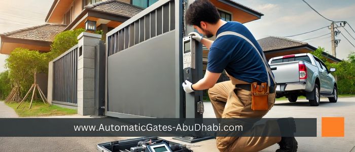 Technician providing service to an automatic sliding gate opener at a modern property entrance, adjusting the mechanism and control panel for smooth operation with a partially open gate revealing the driveway.