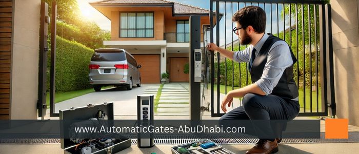 A technician servicing an automatic swing gate opener at a residential property. The gate is partially open, with the technician inspecting the control panel, tools placed nearby, and a modern house visible in the background under a sunny sky.