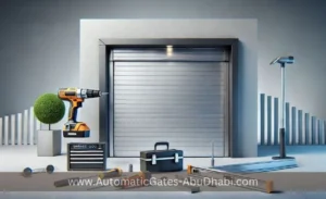 echnician installing a commercial garage door opener at a warehouse facility, showcasing professional setup with tools and partially open door revealing the wareahouse interior