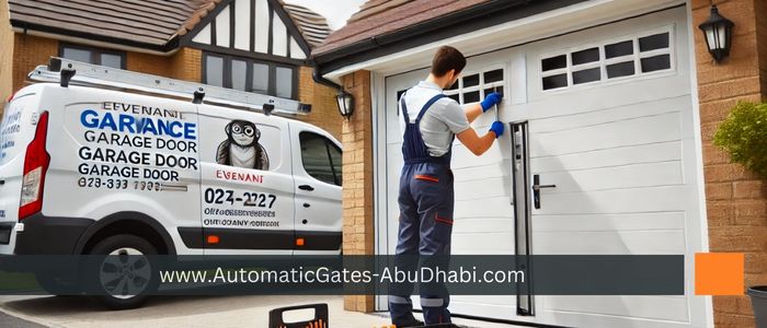 A professional technician performing maintenance on a residential garage door, using tools to adjust the door mechanism. A branded company van is parked nearby, showcasing a reliable garage door maintenance service.