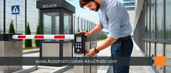 Technician installing a modern gate barrier at the entrance of a commercial property, with a security booth nearby and clear signage indicating a secure area.