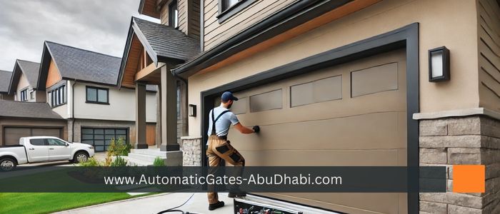 A technician installing a residential garage door in front of a modern suburban house with a well-maintained driveway and a small lawn. The technician is attaching the door panels and connecting the motor system, matching the neutral exterior color of the home.