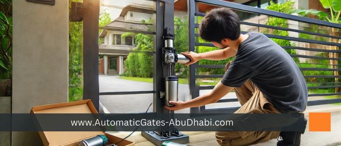 Automatic gate opener attached to ornate metal gate.
