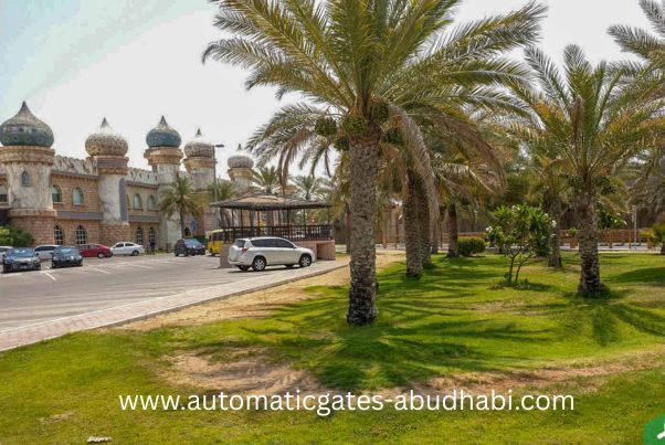 A view of the unique architecture and palm-lined roads in Al Bahyah, Abu Dhabi, with a castle-like building in the background and lush greenery in the foreground.