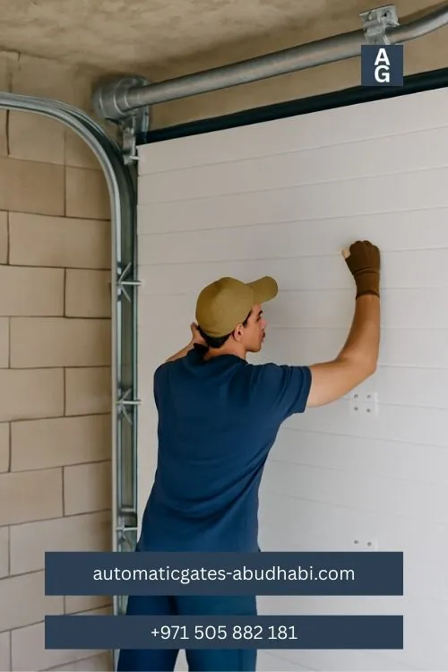 Construction worker installing a white ribbed garage door in Masdar City, UAE.
