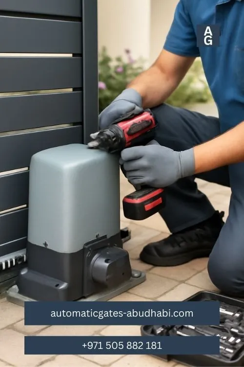 Technician performing maintenance on an automatic gate motor in Khalifa City, using a cordless drill to service the equipment.