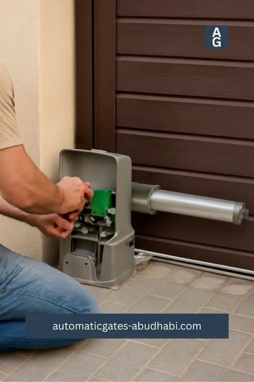 A technician is repairing an automatic sliding gate, focusing on the light gray opener housing, with dark brown wooden slats in the background.