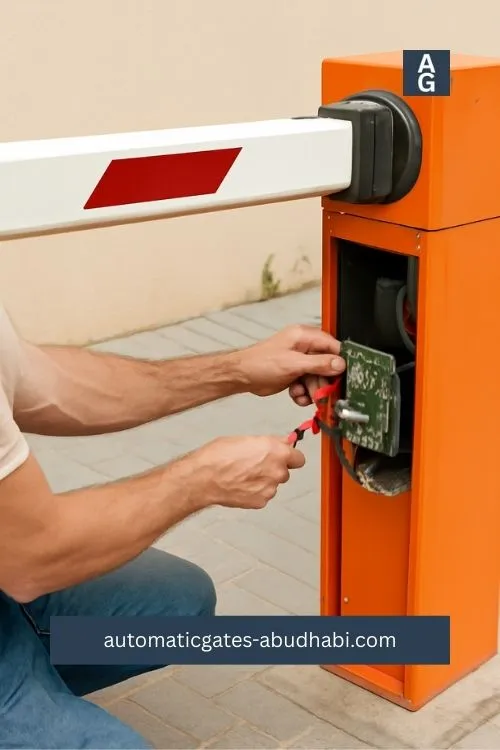 A technician performing repairs on an automatic barrier gate with a red and white barrier arm, focusing on the internal components of the orange housing unit.