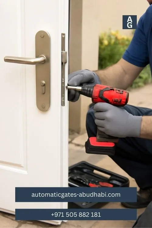 Technician performing repair on a door handle and lock using a cordless drill, surrounded by tools, with a garden in the background, in Baniyas.