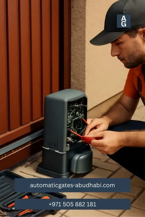 Technician repairing a sliding gate’s automatic opener in Al Maqta with tools and a brick-lined driveway.