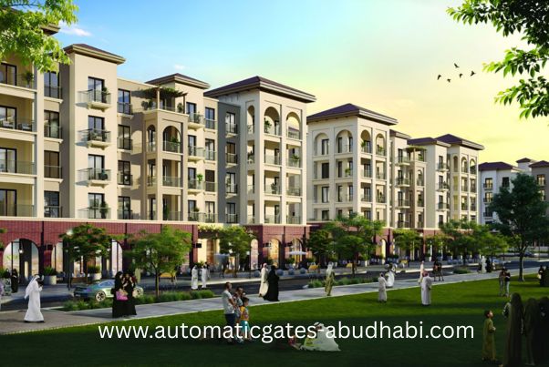 A beautiful view of modern residential buildings in Zayed City, Abu Dhabi, with families enjoying the green open spaces and pedestrian-friendly environment.