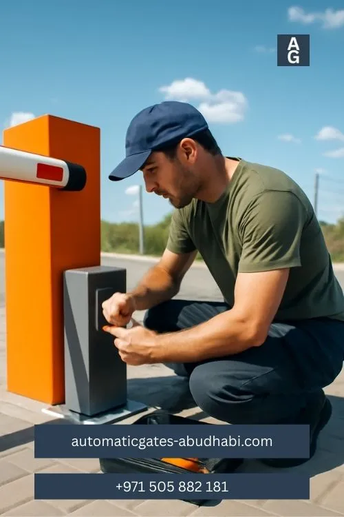 Worker installing an automatic barrier gate in Al Mafraq under a clear sky.
