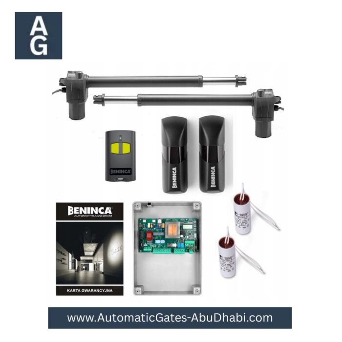 BENINCA BILL 40M Automatic Swing Gate Opener Motor, including control unit, safety sensors, remote, warranty card, and additional accessories for installation in Abu Dhabi, UAE.