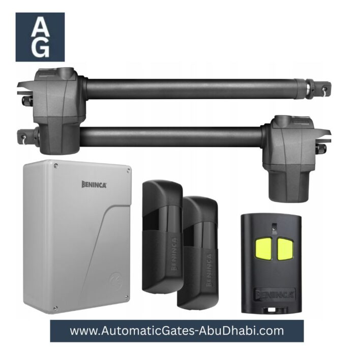 BENINCA BILL30M Automatic Swing Gate Opener Motor, including control unit, safety sensors, and remote, for installation in Abu Dhabi, UAE.