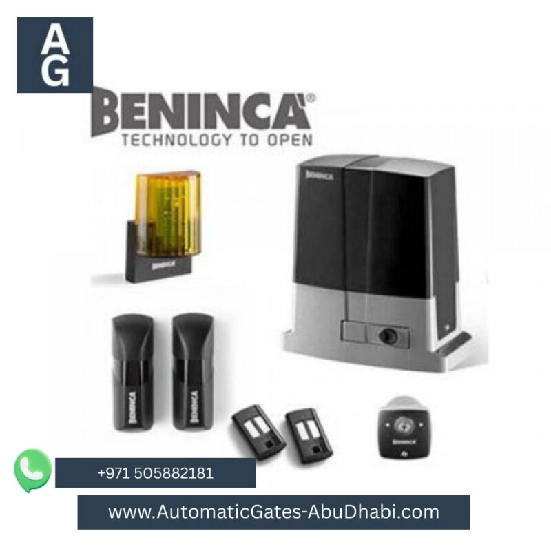 The image shows a BENINCA 2000 KG sliding gate motor system, including a yellow light signal, two photoelectric sensors, a control panel, and remote controls. It is branded with the BENINCA logo and is accompanied by a contact number (+971 505882181) and website ([www.AutomaticGates-AbuDhabi.com](http://www.AutomaticGates-AbuDhabi.com)). The items are displayed in a professional, product-oriented setup.