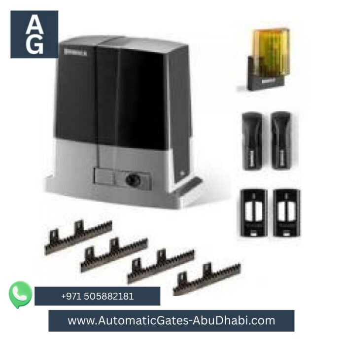 BENINCA Bull 5m Sliding Gate Motor with complete automation kit including gear racks, sensors, and safety accessories. Contact +971 505882181 or visit [www.AutomaticGates-AbuDhabi.com](http://www.AutomaticGates-AbuDhabi.com). AG logo displayed in the top left corner.
