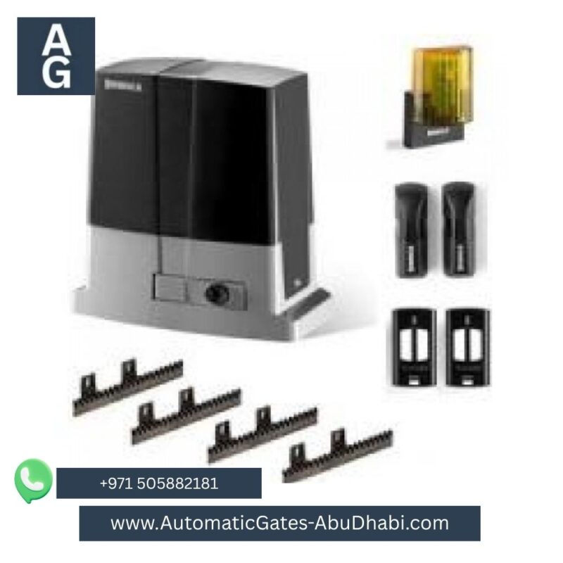 BENINCA Bull 5m Sliding Gate Motor with complete automation kit including gear racks, sensors, and safety accessories. Contact +971 505882181 or visit [www.AutomaticGates-AbuDhabi.com](http://www.AutomaticGates-AbuDhabi.com). AG logo displayed in the top left corner.