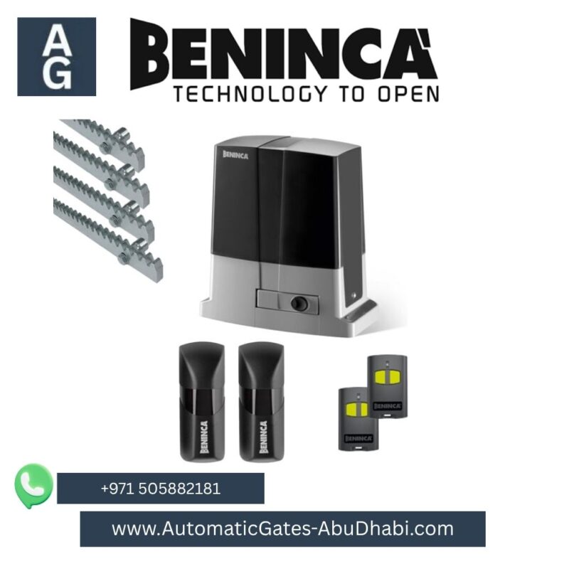 BENINCA Bull 8m Sliding Gate Motor with gear racks, safety sensors, and remote controls. Contact +971 505882181 or visit [www.AutomaticGates-AbuDhabi.com](http://www.AutomaticGates-AbuDhabi.com). AG logo displayed in the top left corner with “BENINCA Technology to Open” branding at the top.
