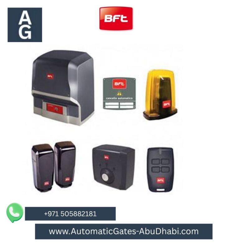 BFT ARES BT Sliding Gate Motor with safety photocells, control panel, flashing warning light, remote control, and access keypad. Contact +971 505882181 or visit [www.AutomaticGates-AbuDhabi.com](http://www.AutomaticGates-AbuDhabi.com). AG logo on the top left and BFT logo on the top center.