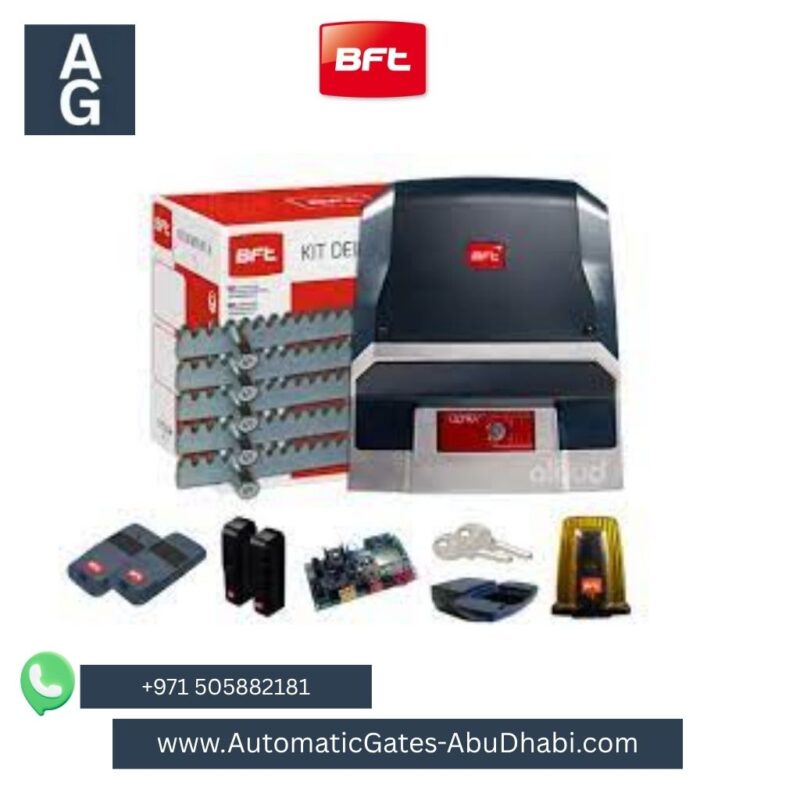 BFT ARES BT Sliding Gate Motor complete kit with gear racks, remotes, safety sensors, control board, manual release keys, and warning light. Contact +971 505882181 or visit [www.AutomaticGates-AbuDhabi.com](http://www.AutomaticGates-AbuDhabi.com). AG logo on the top left and BFT logo on the top center.