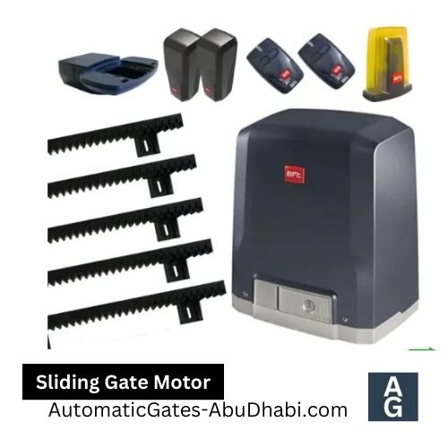 Sliding gate motor components including control unit, remote controls, and track rails.