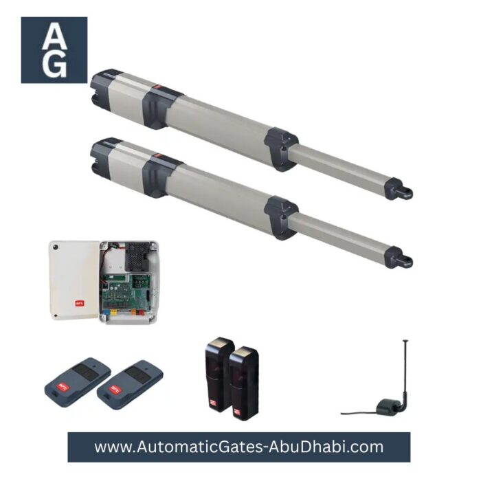 BFT KUSTOS ULTRA BT A25 FRA Double Leaf Swing Gate Opener system, including control unit, remotes, safety sensors, and antenna, available for installation in Abu Dhabi, UAE.