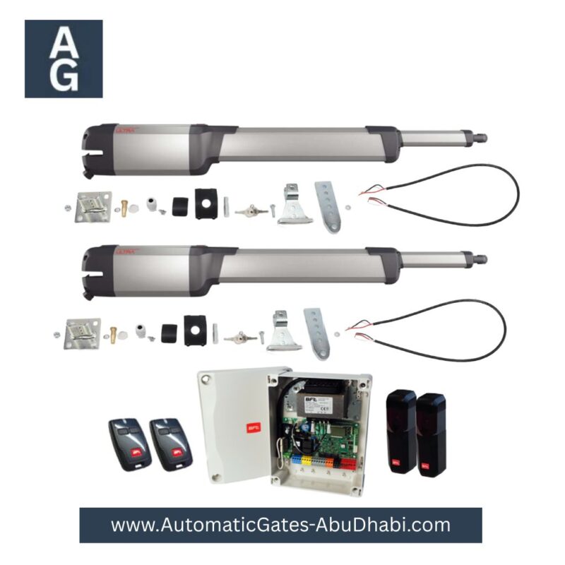 BFT KUSTOS Ultra BT A40 24V Double Arms Gate Opener Kit, including all necessary components such as control unit, remotes, safety sensors, and accessories for installation in Abu Dhabi, UAE.