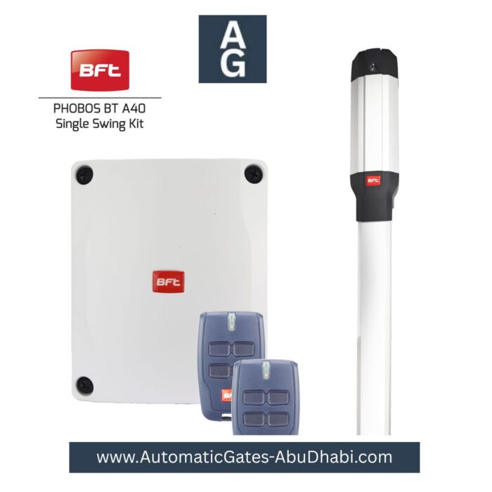 BFT PHOBOS BT A40 Single Swing Gate Kit, including control unit, remote controls, and gate opener for seamless automation, available in Abu Dhabi, UAE.