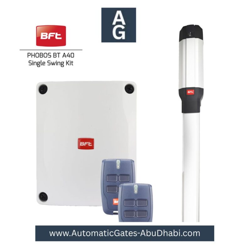 BFT PHOBOS BT A40 Single Swing Gate Kit, including control unit, remote controls, and gate opener for seamless automation, available in Abu Dhabi, UAE.