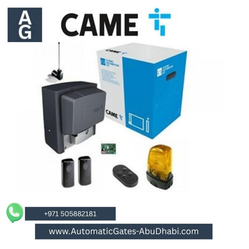 CAME 800 KG Gate Motor kit with accessories, including control board, remote controls, safety sensors, and warning light. Displayed with the CAME logo and product packaging, ideal for automatic gate systems. Contact details: +971 505882181, [www.AutomaticGates-AbuDhabi.com](http://www.AutomaticGates-AbuDhabi.com).