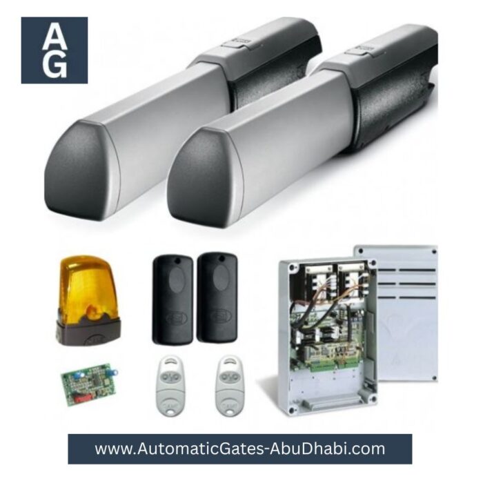 CAME ATI 3000 Swing Gate Motor system, including control unit, remotes, safety sensors, flashing light, and all necessary components for installation in Abu Dhabi, UAE.