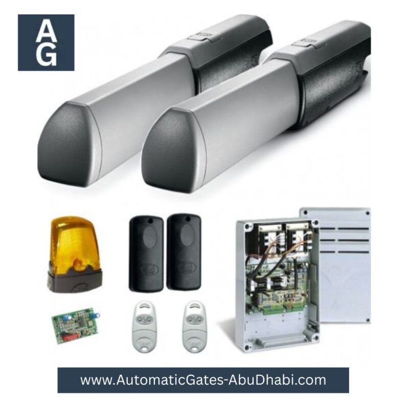 CAME ATI 3000 Swing Gate Motor system, including control unit, remotes, safety sensors, flashing light, and all necessary components for installation in Abu Dhabi, UAE.