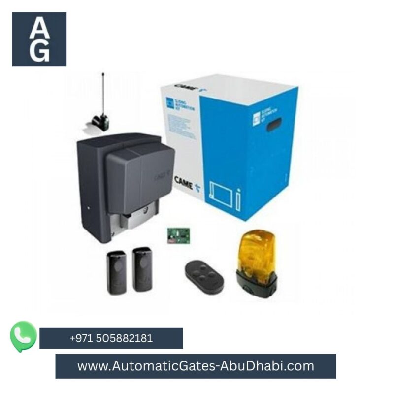 CAME BK 2200 KG Sliding Gate Motor with safety photocells, remote control, flashing warning light, control board, and antenna. Contact +971 505882181 or visit [www.AutomaticGates-AbuDhabi.com](http://www.AutomaticGates-AbuDhabi.com). AG logo on the top left and CAME branded packaging in the background.