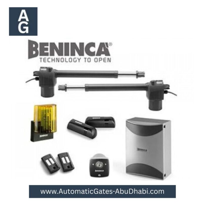 BENINCA BILL 50M Automatic Swing Gate Opener Motor system, including control unit, safety sensors, flashing light, remotes, and accessories for installation in Abu Dhabi, UAE.