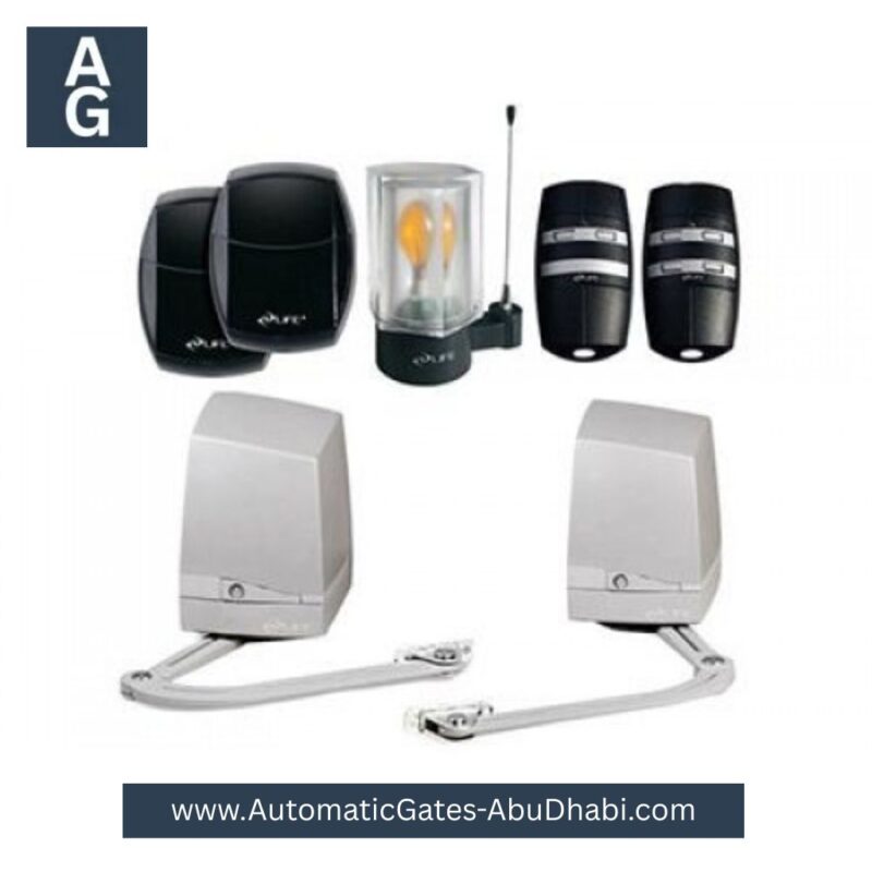 LIFE ARMOR UNI DL Swing Gate Motor kit with sensors, safety lights, remote controls, and motor units.