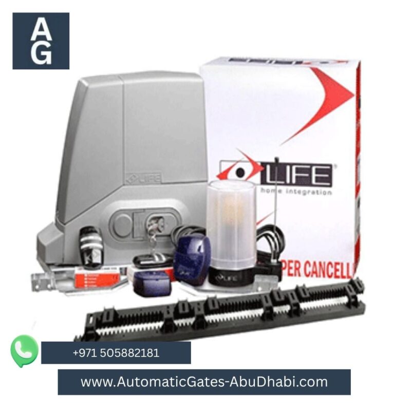 LIFE Acer Sliding Gate Motor kit with accessories, including control board, remote controls, safety sensors, and warning light. Displayed with the LIFE logo and product packaging, ideal for sliding gate systems.