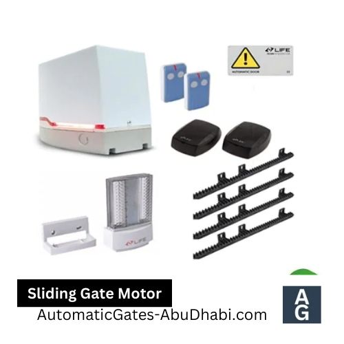 An automatic sliding gate motor displayed prominently, labeled with the words "automatic gates" for clarity and identification.