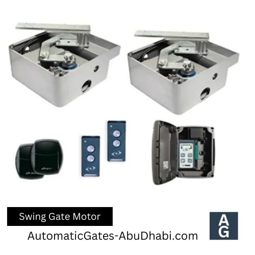 Swing gate motor unit with two remote controls and control box.