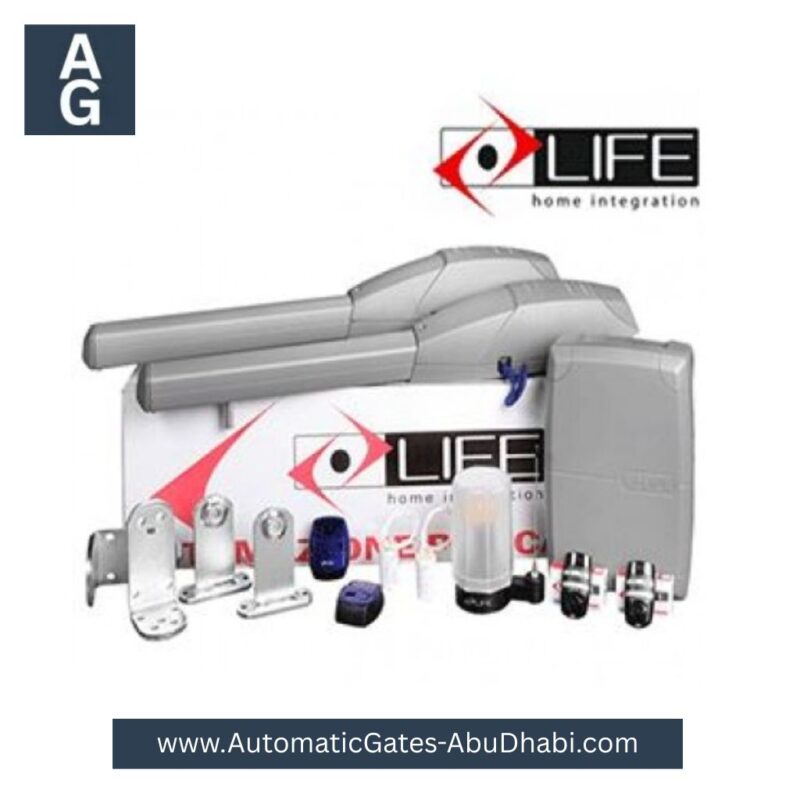 LIFE OP5 900 KG Swing Gate Motor Kit with motor units, control panel, remote controls, safety lights, and mounting accessories.