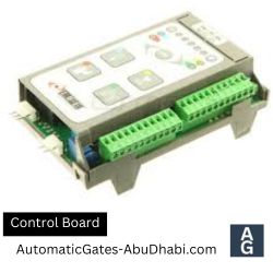 Gray control board for automatic gates, showing circuit board and terminal connections.