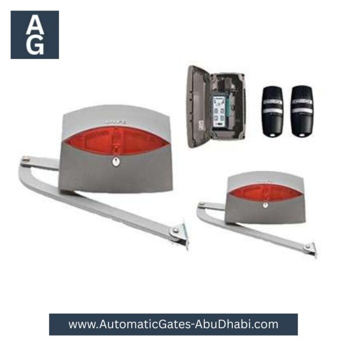 LIFE SINUO SIN 3 UNI Swing Gate Opener Motor with motor units, control panel, safety sensors, and remote controls.