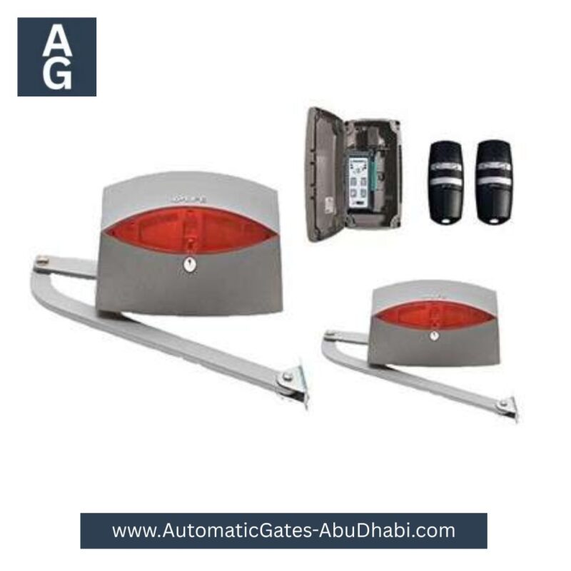 LIFE SINUO SIN 3 UNI Swing Gate Opener Motor with motor units, control panel, safety sensors, and remote controls.