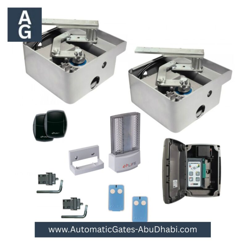 Life ERGO 230Vac underground gate motor kit for swing gates up to 3m, including control panel, sensors, safety lights, and remotes.