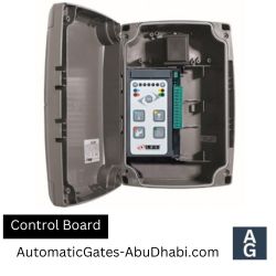 Gray plastic control board for automatic gates, open to reveal internal components.
