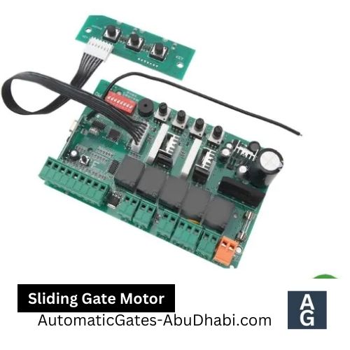 A sliding gate motor displayed with its power cord, illustrating the essential components for operation and installation.