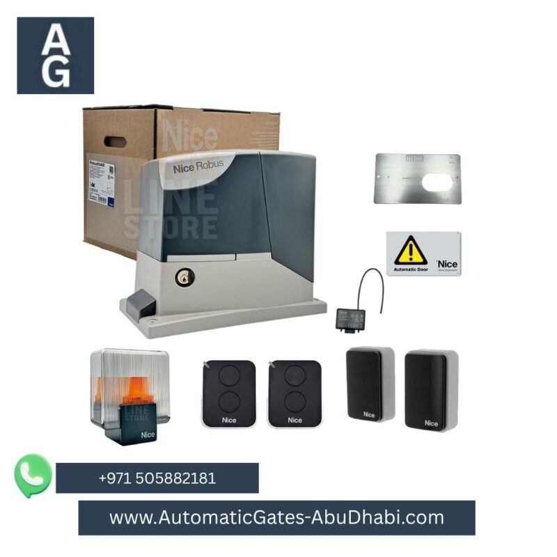 NICE ROBUS RB400BDKCE 400 BD 24 V Kit for Sliding Gates with accessories, including control board, remote controls, safety sensors, warning light, and automatic door signs. Displayed with the NICE logo and product packaging, ideal for residential and commercial sliding gates.