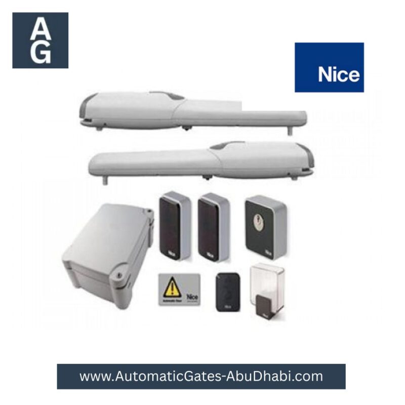 NICE WINGO 4 KIT Swing Gate Motor kit with motor units, control panel, safety sensors, remote controls, and accessories.