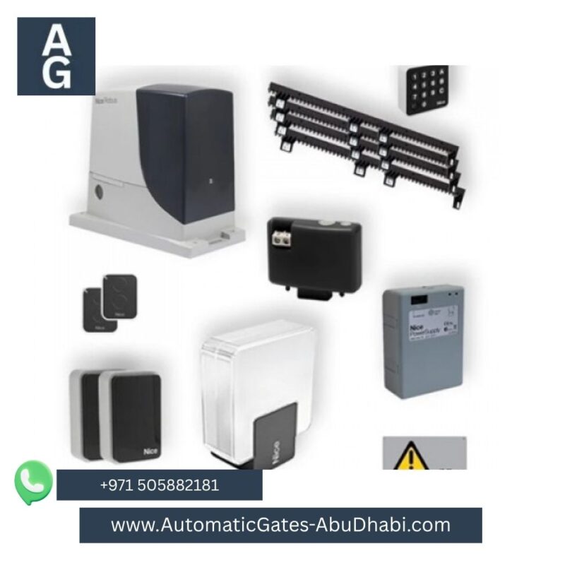 Nice Robus 600 kit with 6m steel rack, control board, remote controls, safety sensors, warning light, and keypad for sliding gates. Displayed with the Nice logo and product packaging, ideal for residential and commercial sliding gate systems. Contact details: +971 505882181, [www.AutomaticGates-AbuDhabi.com](http://www.AutomaticGates-AbuDhabi.com).